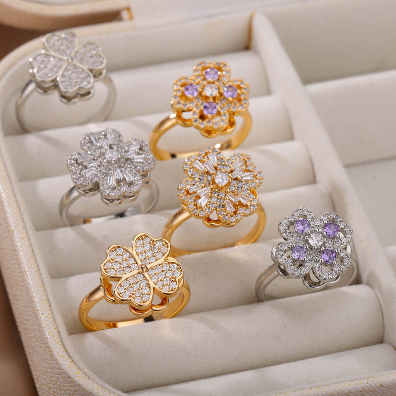 Rotatable Zircon Flower Open Ring Women's Design Sense